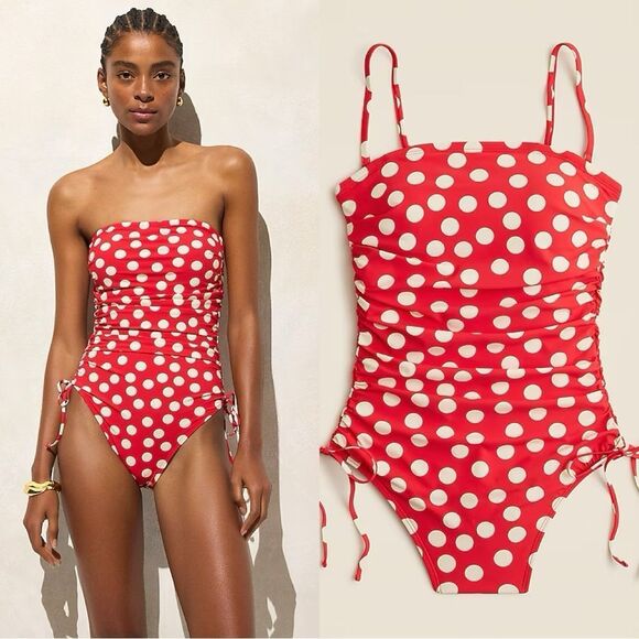 NWT J CREW Gemma ruched bandeau one-piece with side ties in Red Arroyo - Picture 1 of 8